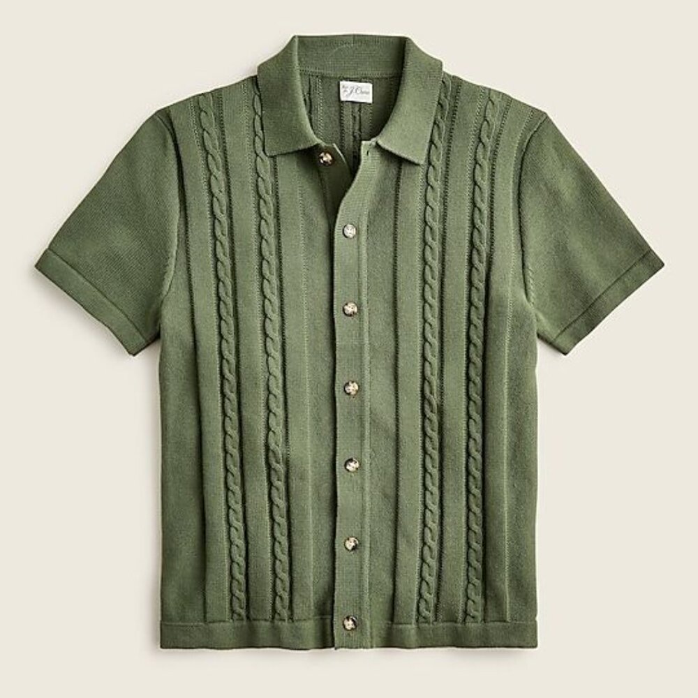 J. Crew Cotton Cable Knit Short Sleeve Polo Cardigan Sweater Button Shirt Large